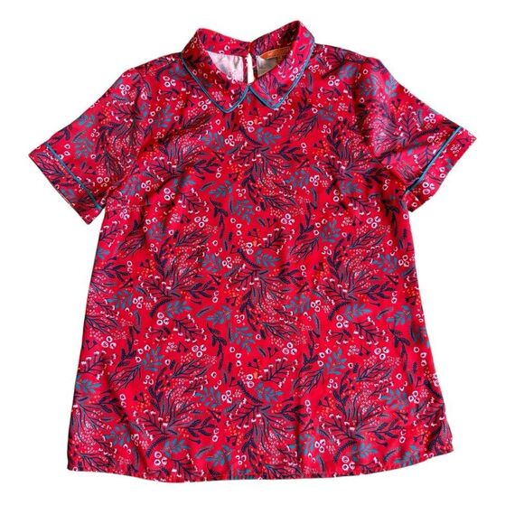 Modcloth Red Floral Collar Top Short Sleeve Small Keyhole Closure - Picture 1 of 12